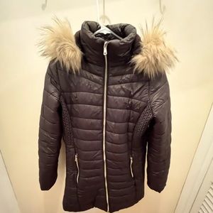 Beautiful, black puffy jacket with removable fur trimmed hood